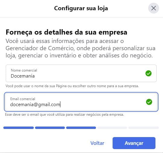 Email comercial para o Gerenciador de Comércio do Facebook 