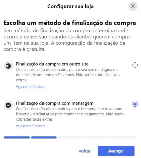 Escolha da forma de pagamento na loja do Facebook